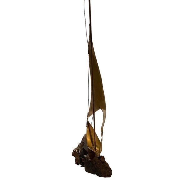 Vintage Mid Century Modern Brass Sailboat, Burl Wood Mount Artist Made - Picture 3 of 12